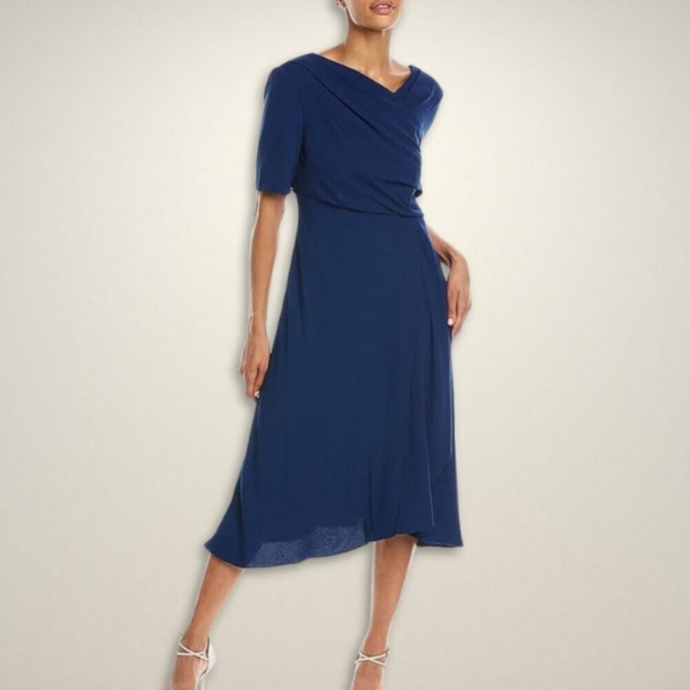Adrianna Papell Navy Blue Soft Draped A-Line Dress AP1D104405 Size 10 NEW